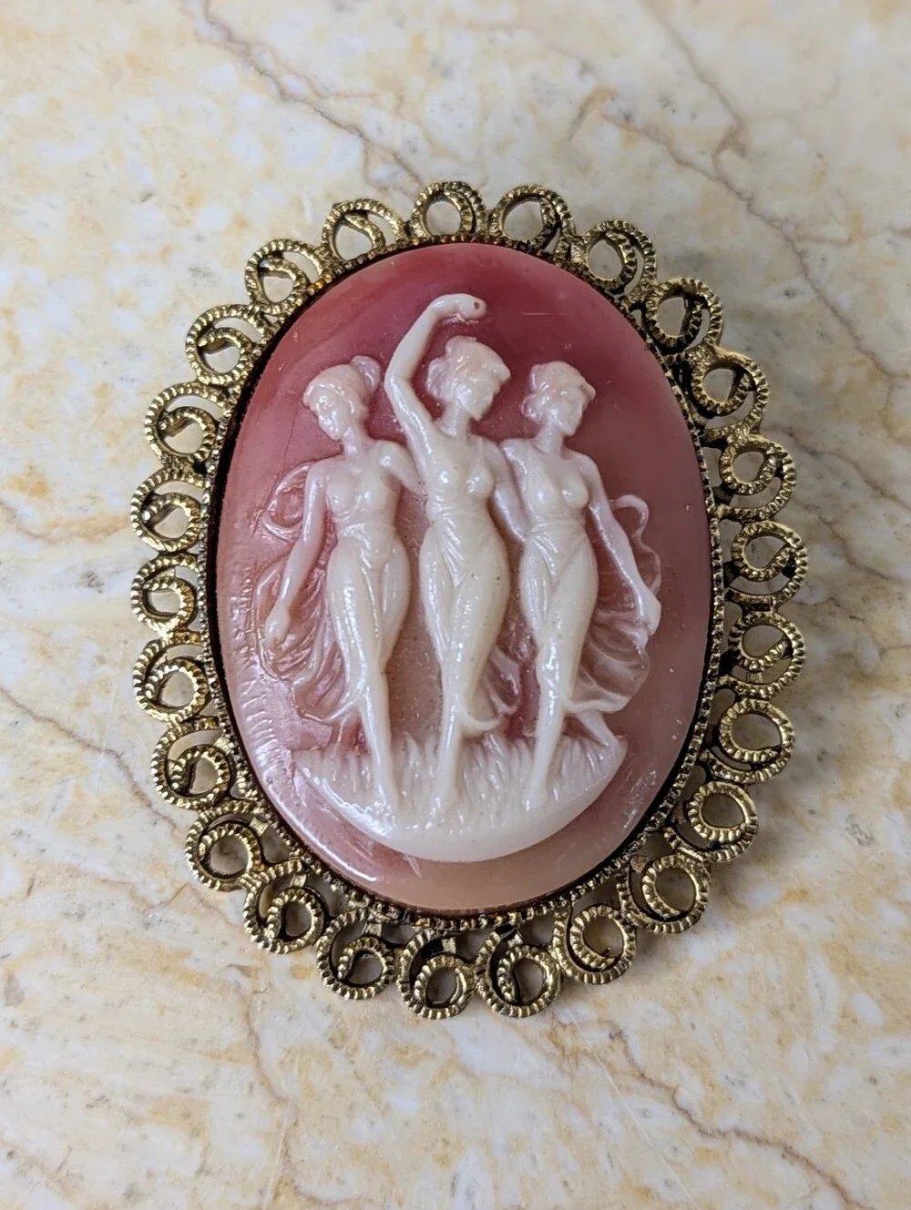 Vintage Cameo Pink 3 Graces Dancing Women Gold Tone Filigree Brooch Pin